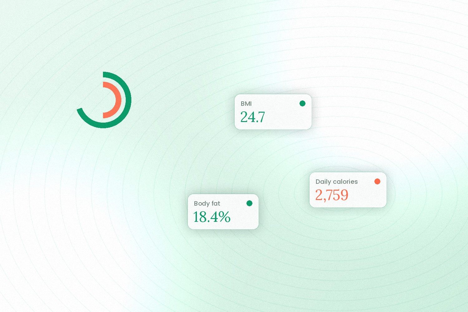 Health metrics — BMI, daily calories and body fat — shown as elegant data cards