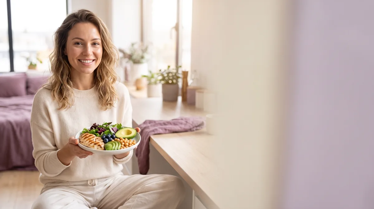 Woman with PCOS enjoying a balanced low-glycemic plate