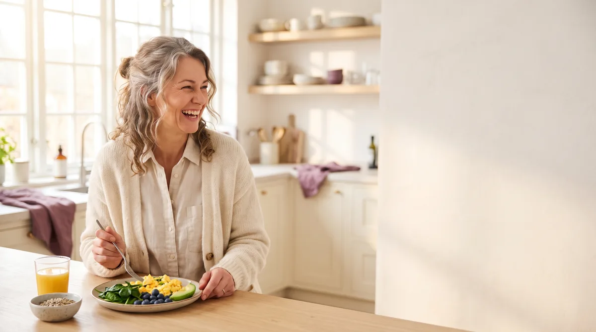 Woman in her late 40s enjoying a healthy high-protein breakfast